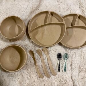 Bella Tunno Infant Dinner Bundle -  Wood Look Silicone Divided - 8 Piece
